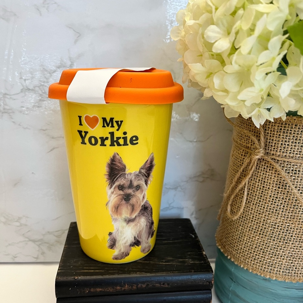 NWT Pocelain Travel Mug I Love My Yorkie 5.5" with silicone Lid Yellow w/ Orange